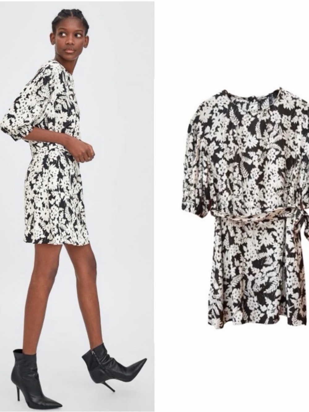 Zara Black and White Floral Mini Dress with Waist Tie